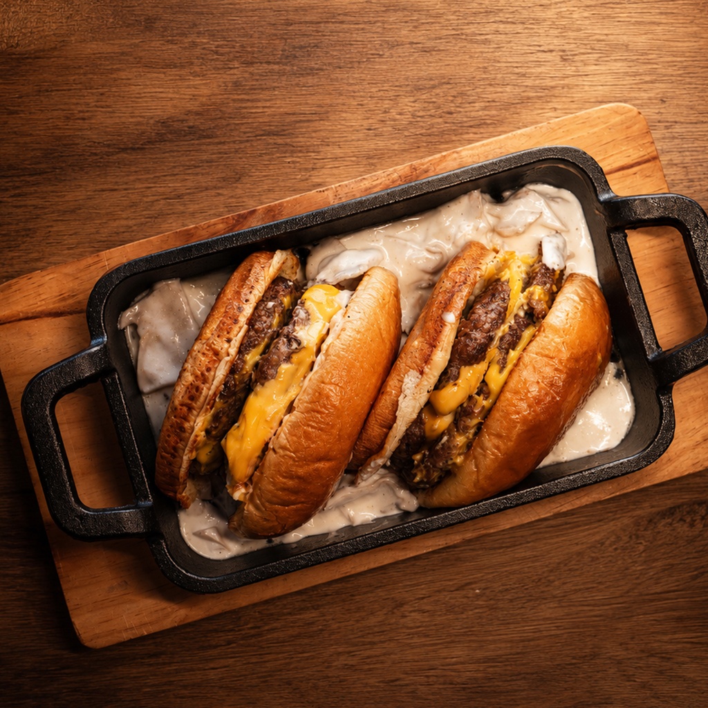 Double Swiss Mushroom Meat Burger & Caramelized Onions